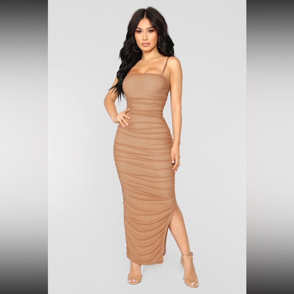 Nude Mesh Maxi Dress w/ Side Split